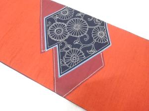 手織り紬　切りばめ　相良刺繍　幾何学に菊唐草模様　袋帯